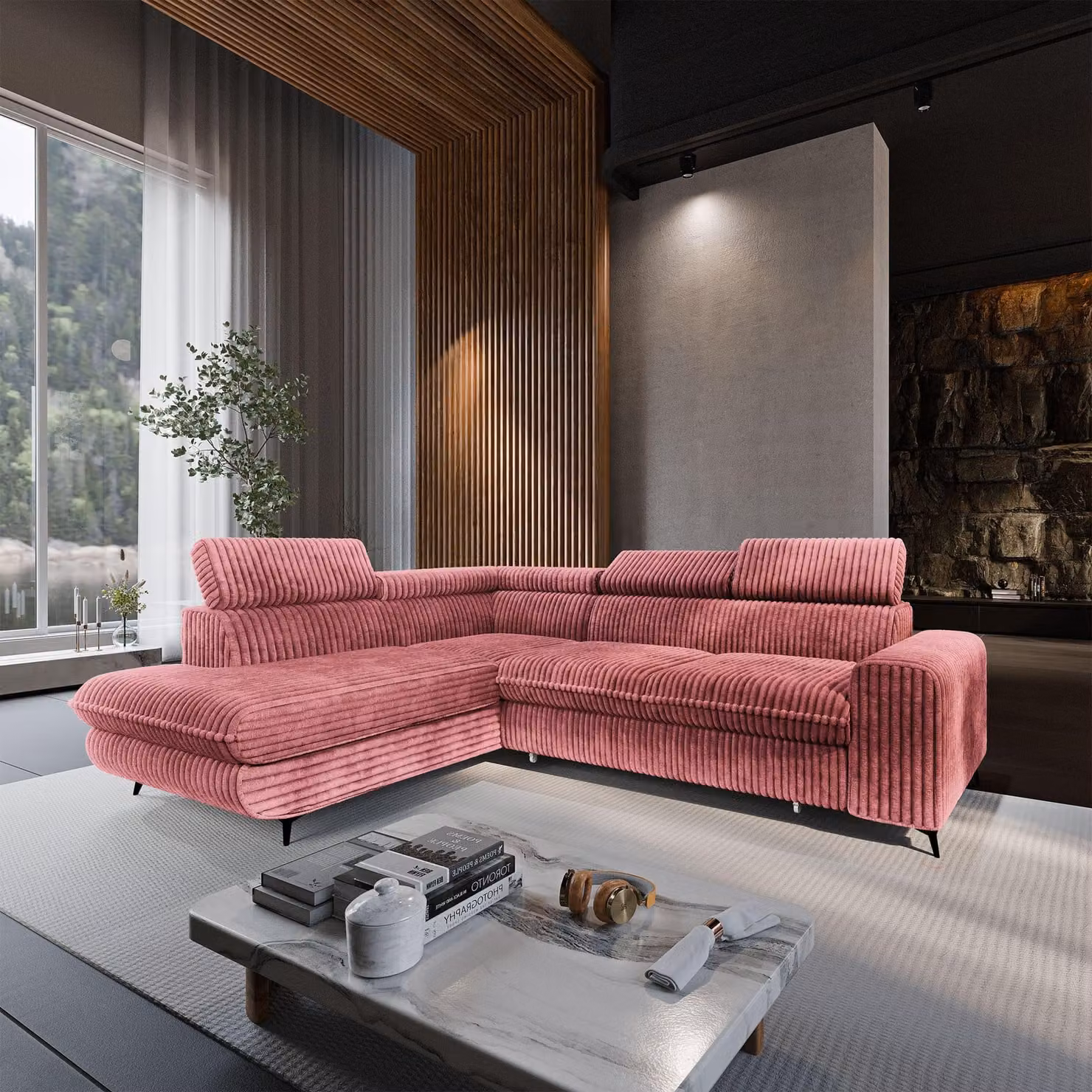 Divano angolare VELISS con meccanismo letto, modello a L, con contenitore per biancheria da letto, divano per il soggiorno, divano letto, divano, set di divani - Rosa, TILIA 62