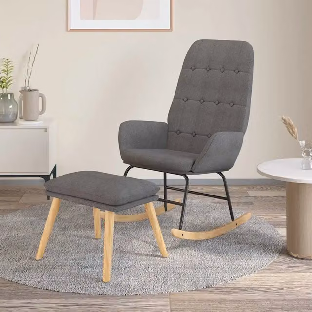 Poltrona a dondolo con poggiapiedi DESIGN IN in tessuto grigio chiaro e struttura in legno e metallo