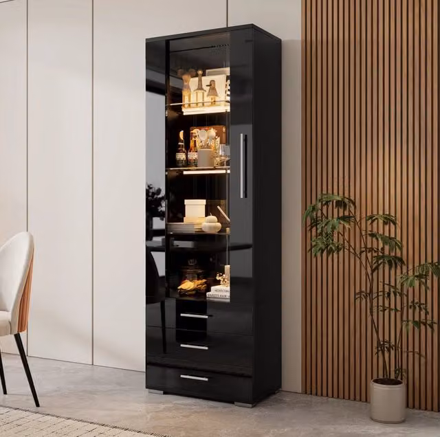 Vetrina nera 60x35x180 cm con LED; 3 cassetti; MDF; frontale lucido