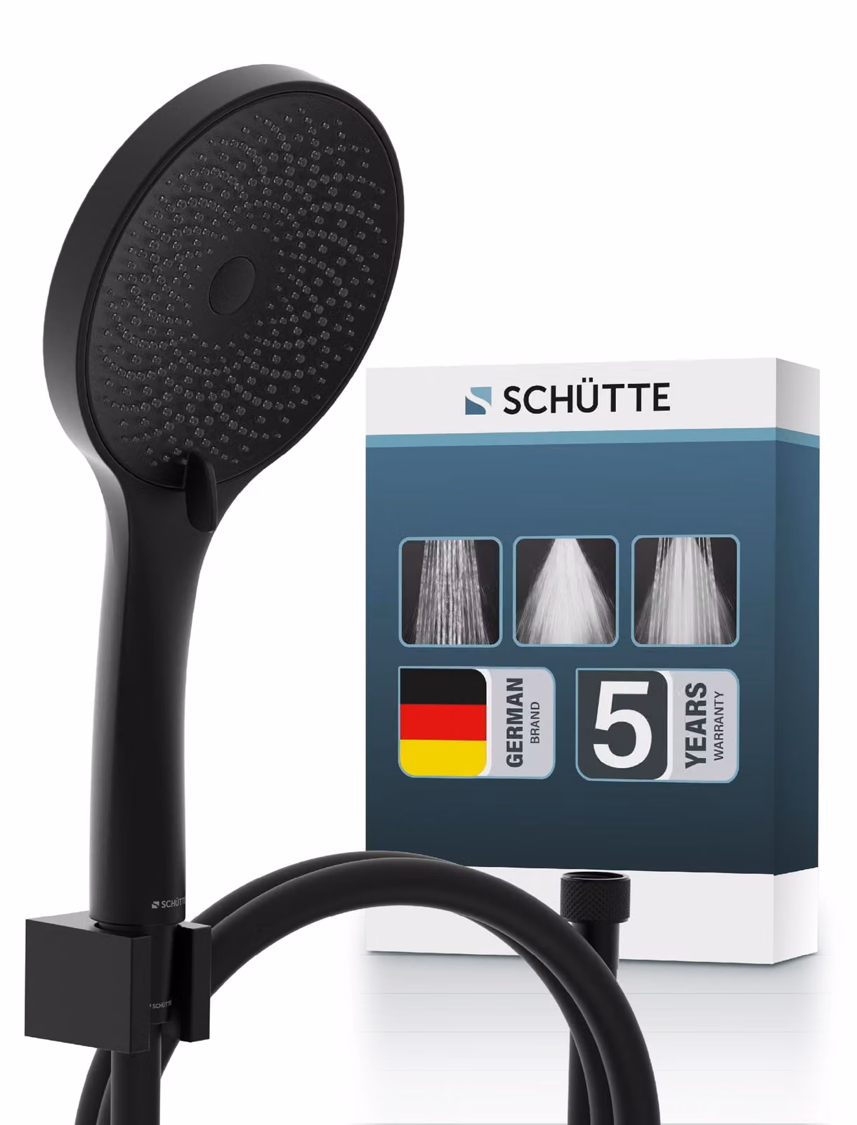 Set doccia a mano Raven, 3 getti, tubo flessibile da 150 cm, colore nero