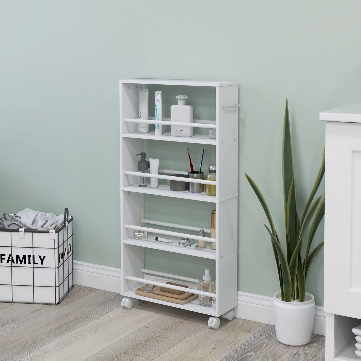 Scaffale multifunzione con ruote HOMCOM, struttura stretta con 4 scomparti, Bianco, L 45 cm x P 15 cm x H 91 cm – 2
