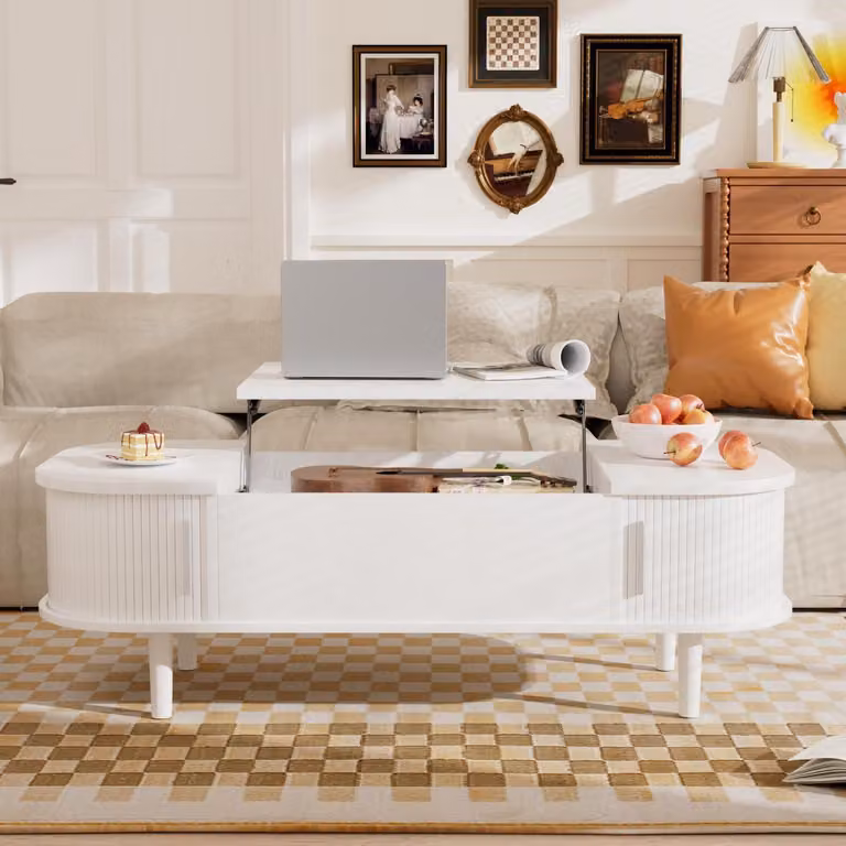 Tavolino con piano sollevabile, in legno, colore bianco, con spazio di stoccaggio nascosto e superficie di lavoro