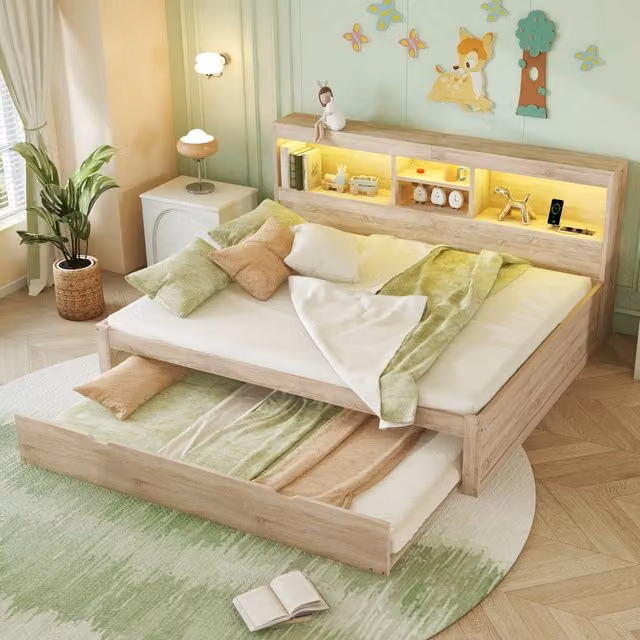 Divano letto 140x200 cm con letto estraibile 90x190 cm; LED; prese e USB; truciolare e MDF; bianco e naturale