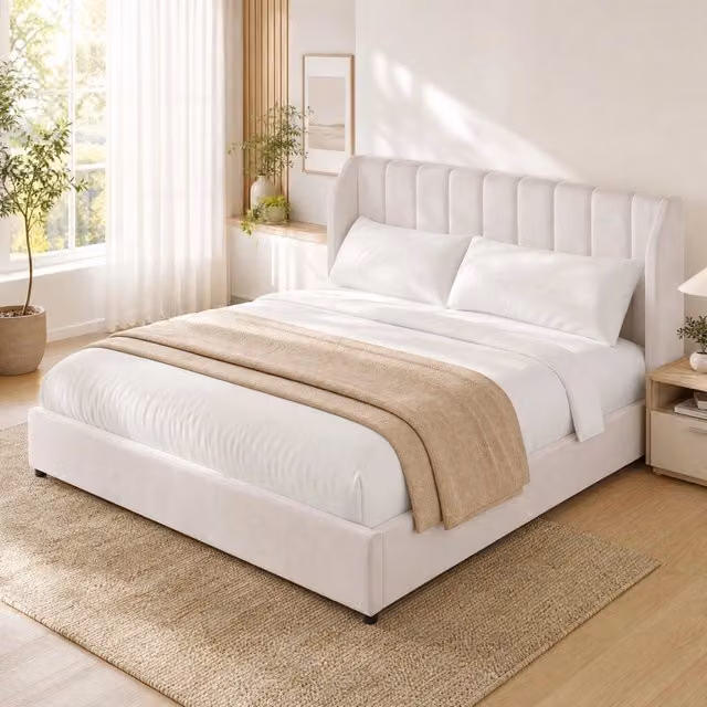 Letto piattaforma imbottito 180x200 cm in velluto francese beige con testiera e rete a doghe