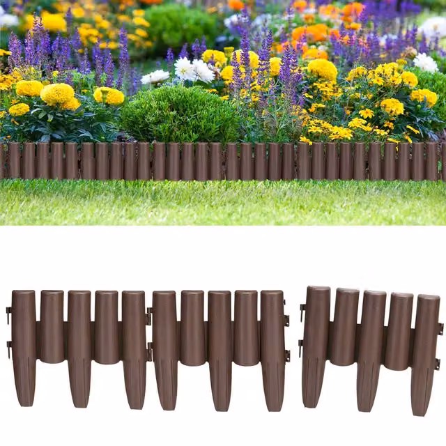 Set di 8 pezzi di recinzione ornamentale per giardino Deuba® in plastica marrone, Altezza: 2,24 m