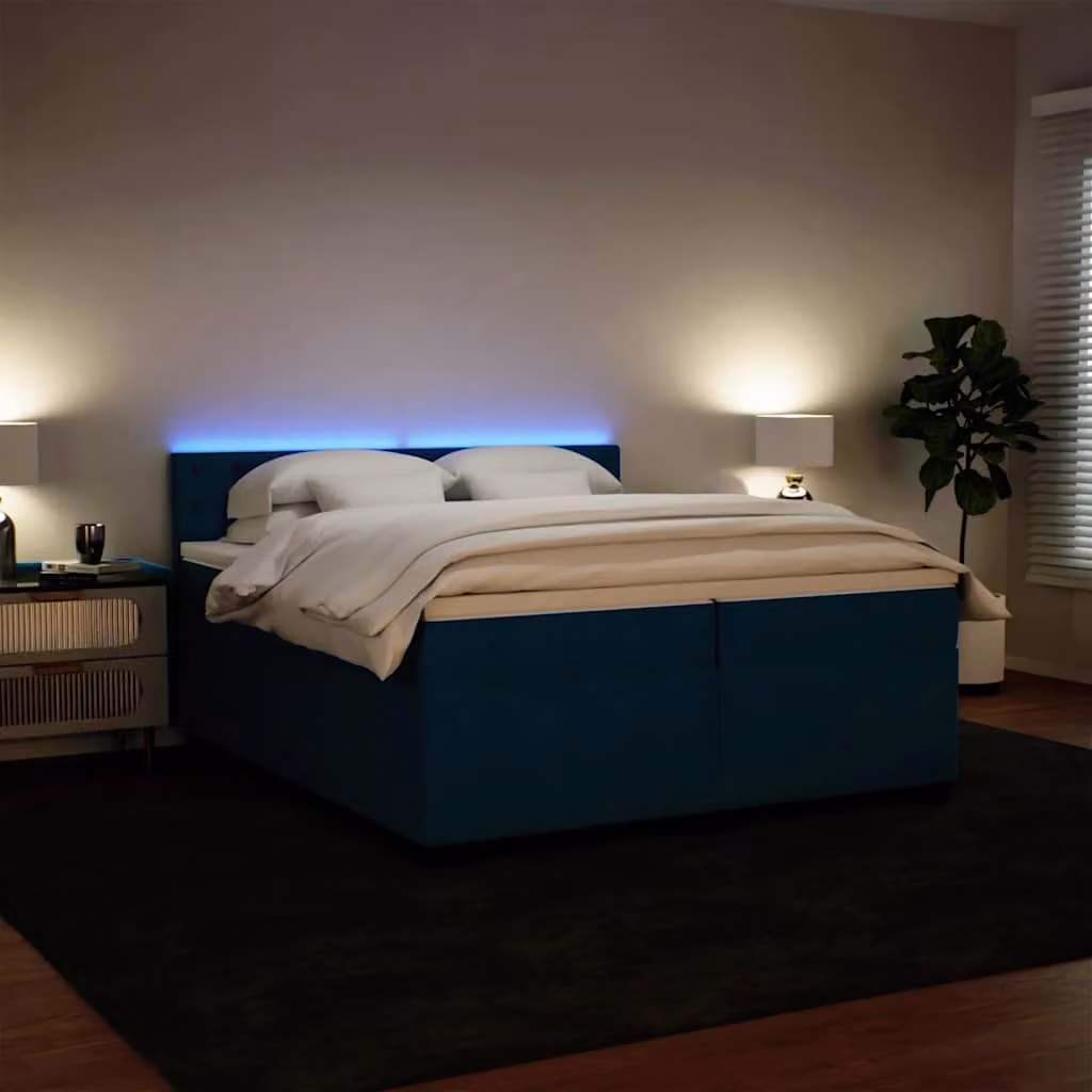 vidaXL Giroletto a Molle con Materasso Ibrido in Velluto Blu e Bianco L/P: 200 x 200 cm – 1