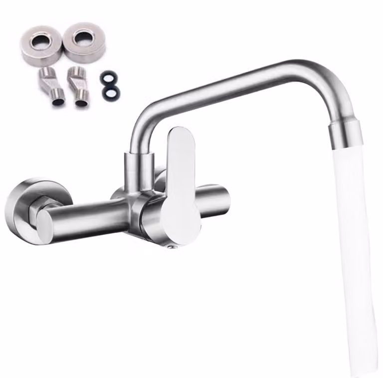 Rubinetto da cucina con montaggio a parete, bocca girevole a 360°, miscelatore per cucina, acciaio inossidabile, rubinetto per lavello, materiale sicuro per la salute