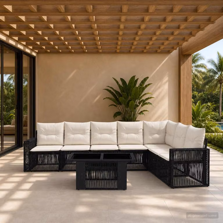 Set Divano da Giardino vidaXL 8 pz in Polyrattan con Tavolino e Cuscini, Design Moderno a L, Nero e Bianco
