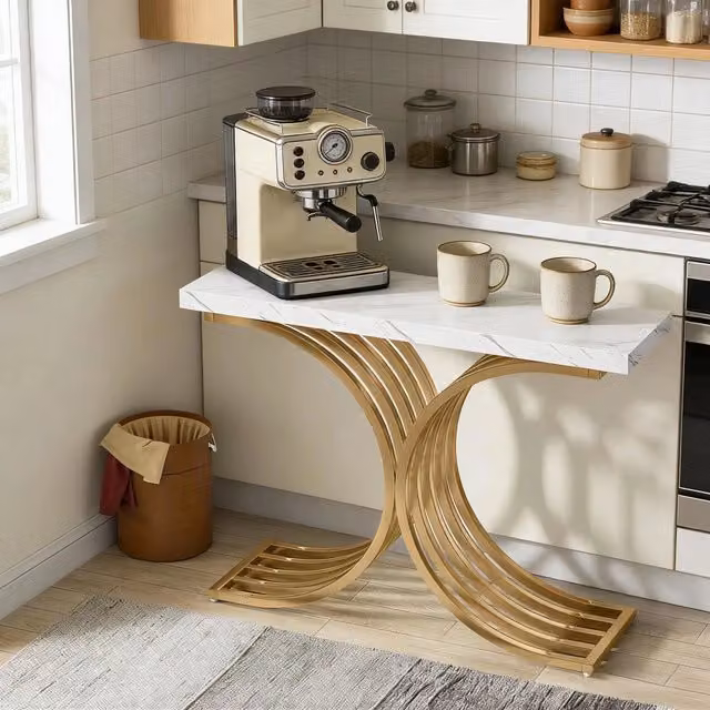 Tavolo consolle 100x30x80 cm con piano in marmo artificiale e struttura in metallo oro e bianco