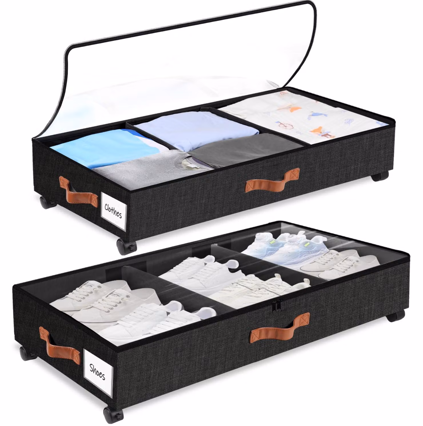 Omgoods - Contenitore portaoggetti da 38 litri - Contenitore sottoletto con ruote - Contenitore per abbigliamento/scarpe - Biancheria da letto/coperte - Nero - Salvaspazio - Contenitore sottoletto