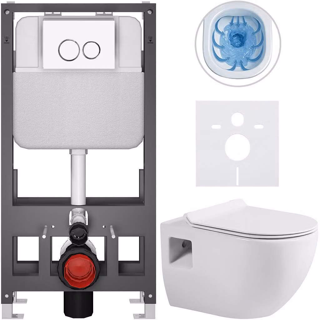 Set completo per WC a pavimento Dure - bianco lucido - pulsante Prime/Duoalo, bianco - modello autoportante - installazione a parete/con pannelli di cartongesso - 51x35 cm