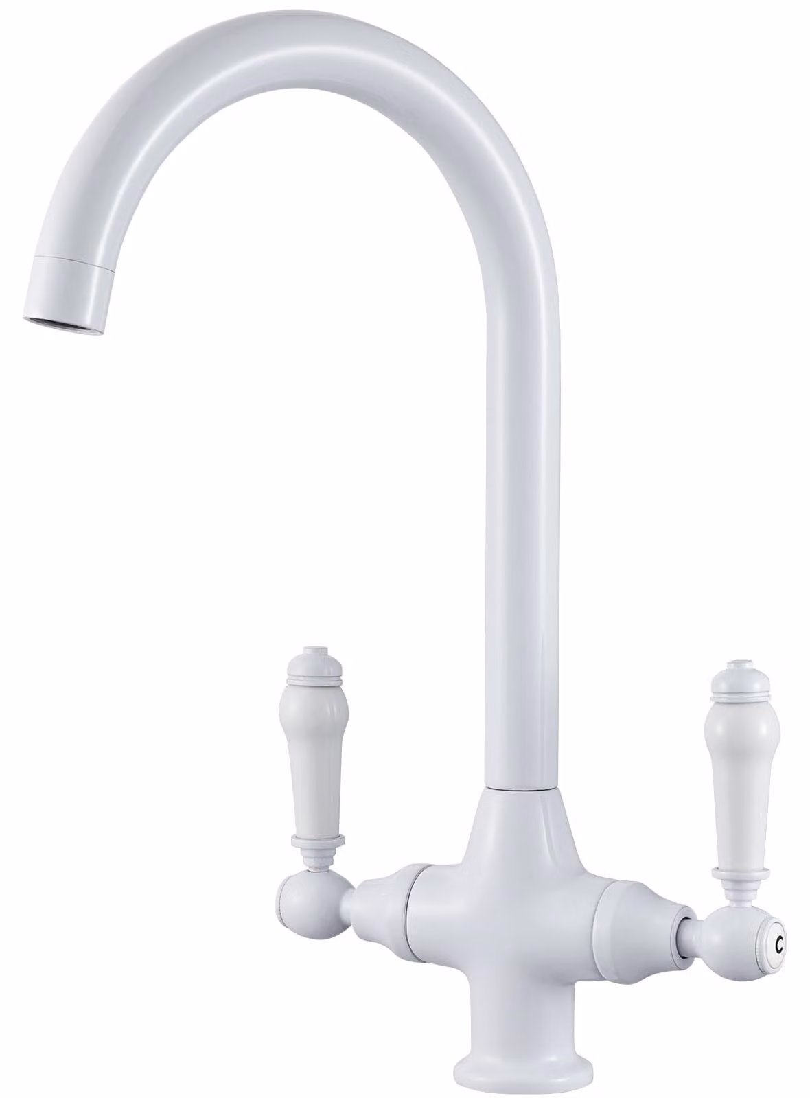 Miscelatore da cucina bianco, con due manopole, girevole a 360°, in ottone, monoblocco