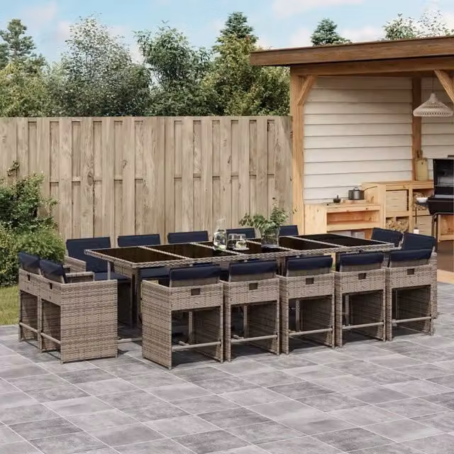 Set da pranzo da giardino vidaXL in polyrattan con cuscini e piano in vetro, 15 pezzi, Grigio