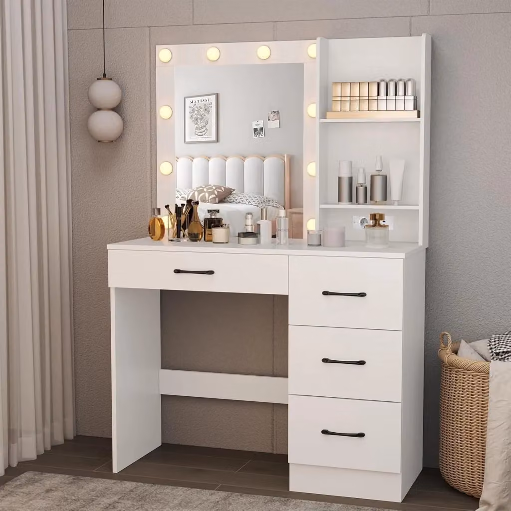 Toeletta da Trucco Costway con Specchio Hollywood LED, Tavolo da Trucco Bianco con Stazione di Ricarica, 4 Cassetti e 2 Ripiani per Camera da Letto o Soggiorno – 2