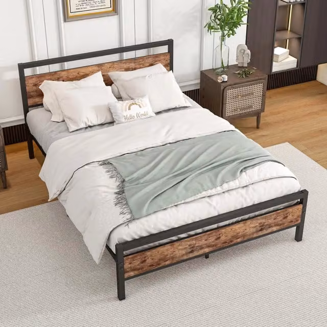 Struttura letto 140 × 200 cm con rete a doghe in acciaio testiera e pediera in MDF spazio sottoletto 27 cm marrone antico