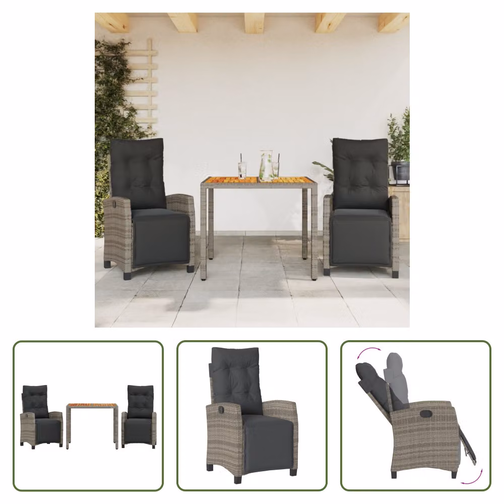 The Living Store Set da pranzo da giardino in 3 pezzi con cuscini in poly rattan grigio