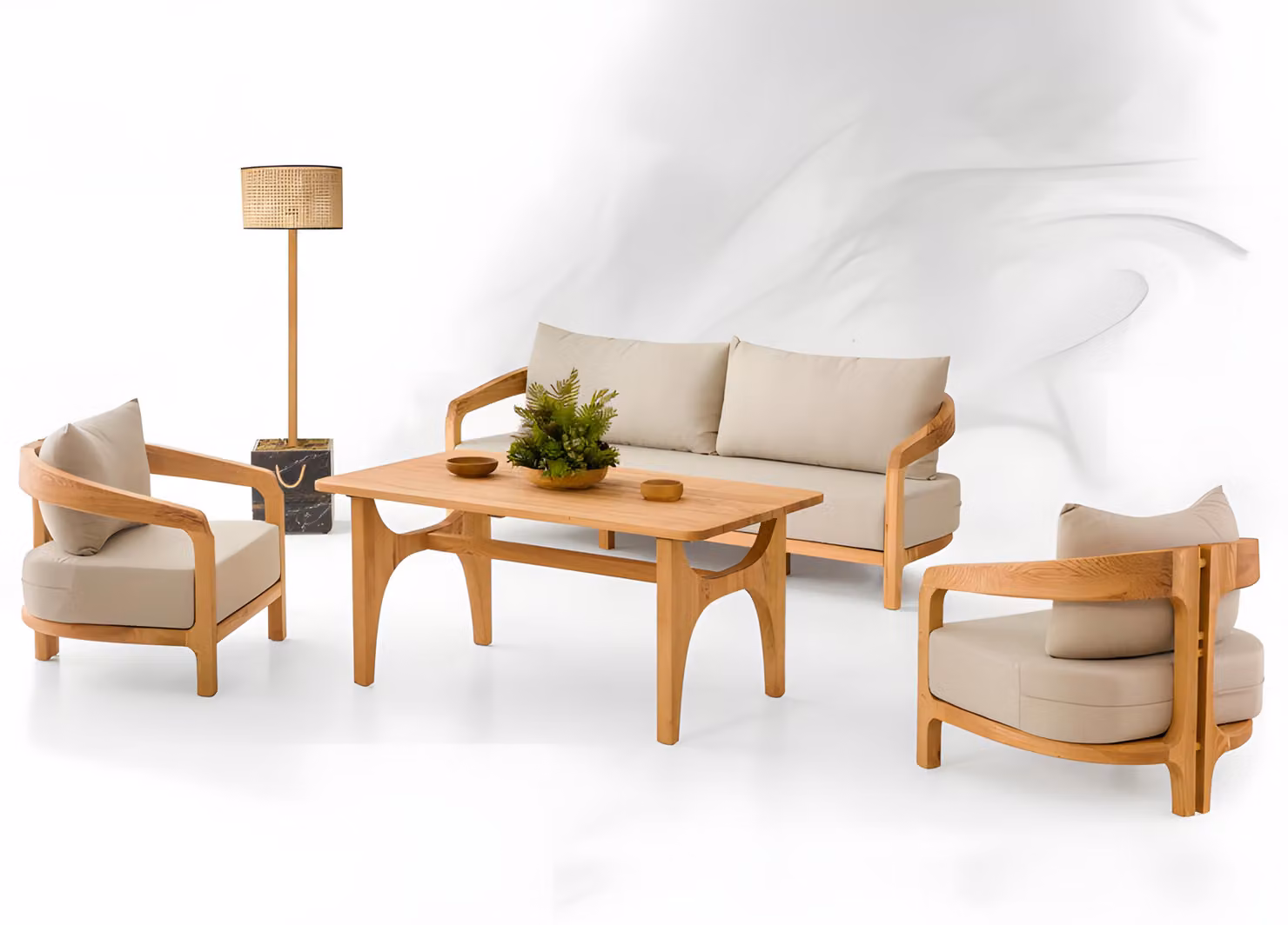 Gartenmöbel Set aus Holz und Textil in Beige, Modernes Sofa und Sessel