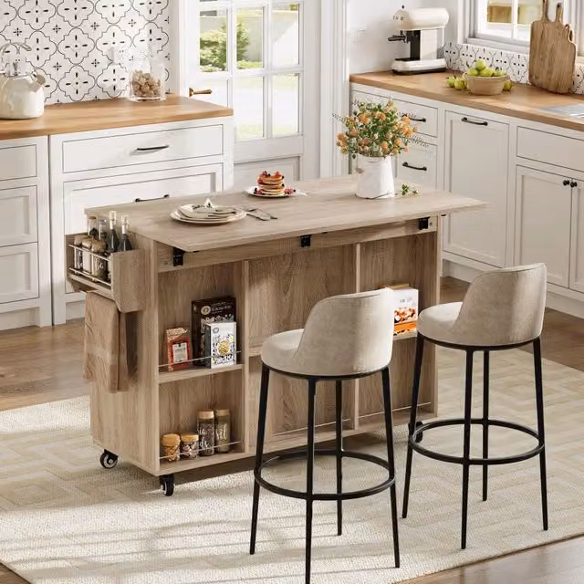 Carrello da cucina con piano pieghevole, 1 cassetto e ripiani aperti, per cucina, naturale, 92,9 × 43,5 × 120 cm