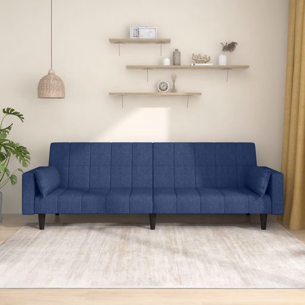 Divano letto 2 posti con 2 cuscini, tessuto blu, marca Maison Exclusive
