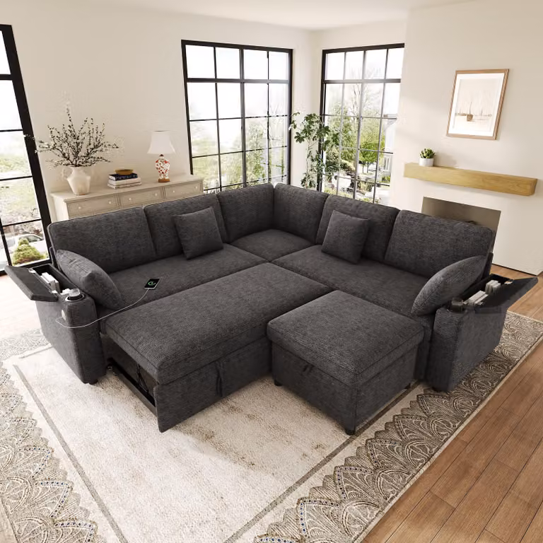 Divano angolare a forma di L Merax con funzione letto, divano letto 6 posti con poggiapiedi, divano estraibile con porta USB di tipo C, portabicchieri, in tessuto chenille, colore grigio