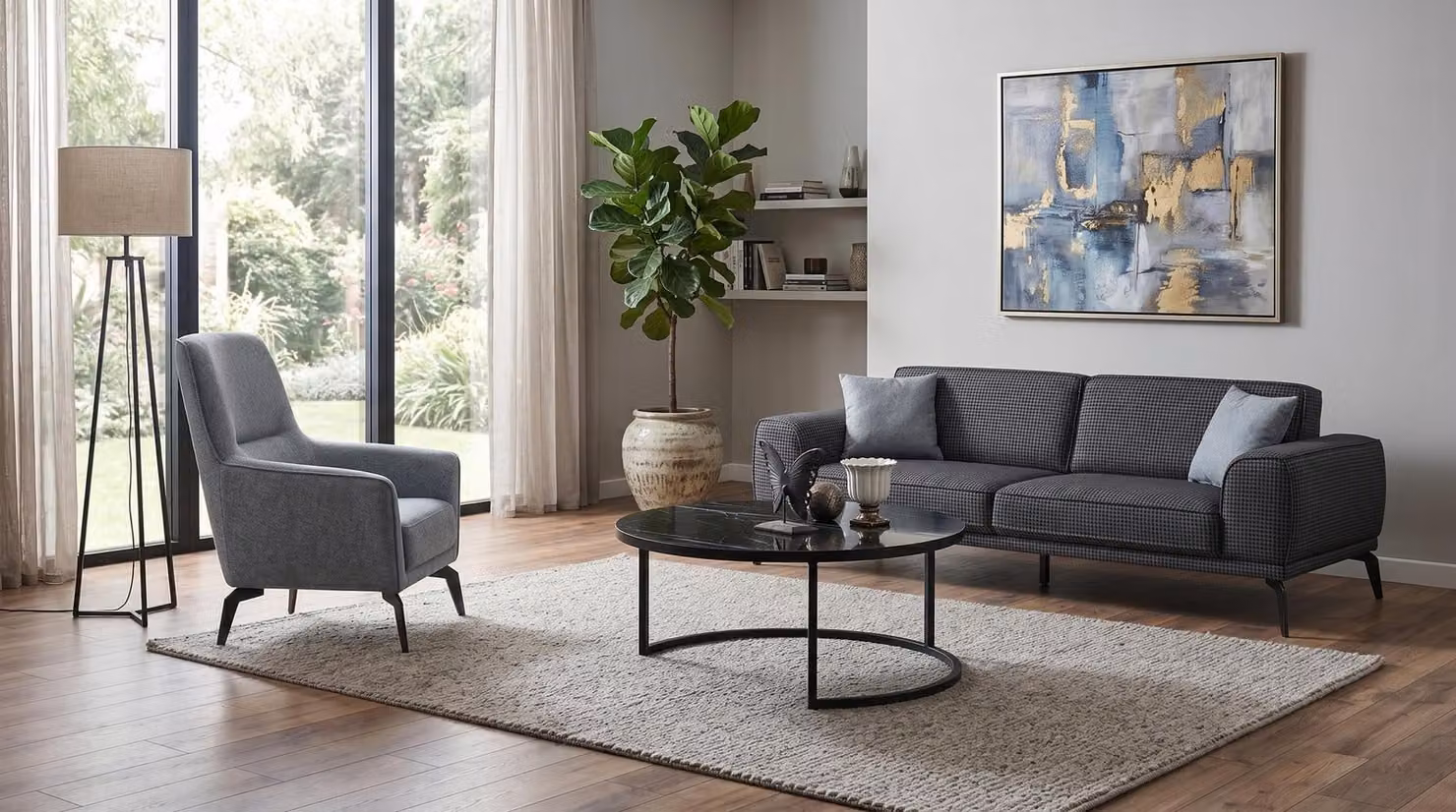 Divano a 3 posti, poltrona, tavolino da caffè. Design moderno, colore grigio antracite, stile elegante