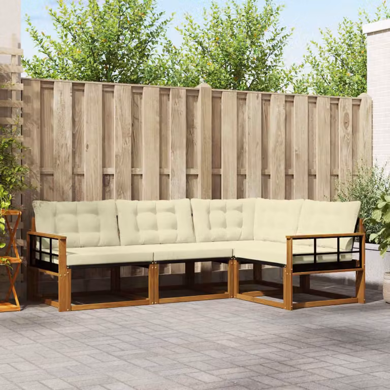 Set di divani da esterno vidaXL 4 pz in legno di acacia con sedute in textilene beige e bianco per giardino e terrazza