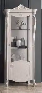 Vetrina Luna KIVIO in legno massiccio bianco con ante in vetro e stile shabby chic, H: 215 cm, L: 92 cm, P: 54 cm