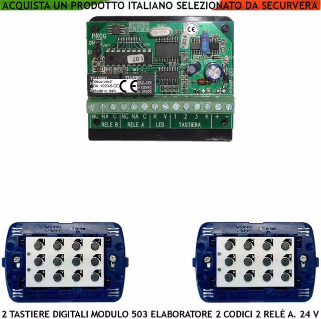 Set di 2 Tastiere Elettroniche Digitali Interne Securvera Modulo 503, IP44, con 2 Led e 2 Relè Programmabili, Codici DTMF a 6 Cifre, Alimentazione 24 Vcc, Colore Verde e Rosso – 1