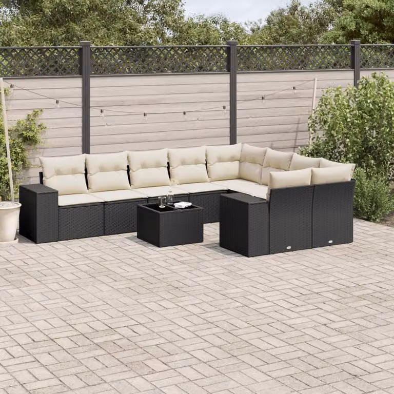 Set di divani da giardino vidaXL a forma di L in polyrattan nero con cuscini e tavolino da esterno
