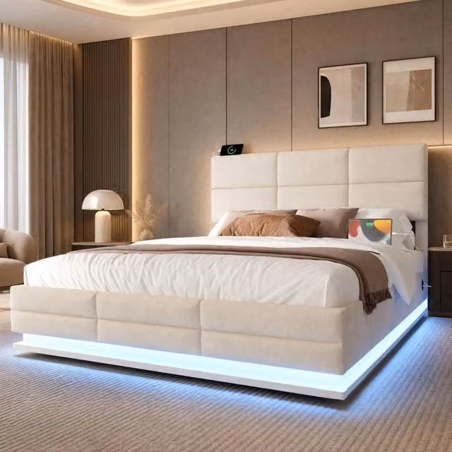 Letto matrimoniale MODFU in velluto beige con contenitore, illuminazione LED e porte USB, L/P/H: 140 x 200 x 115 cm