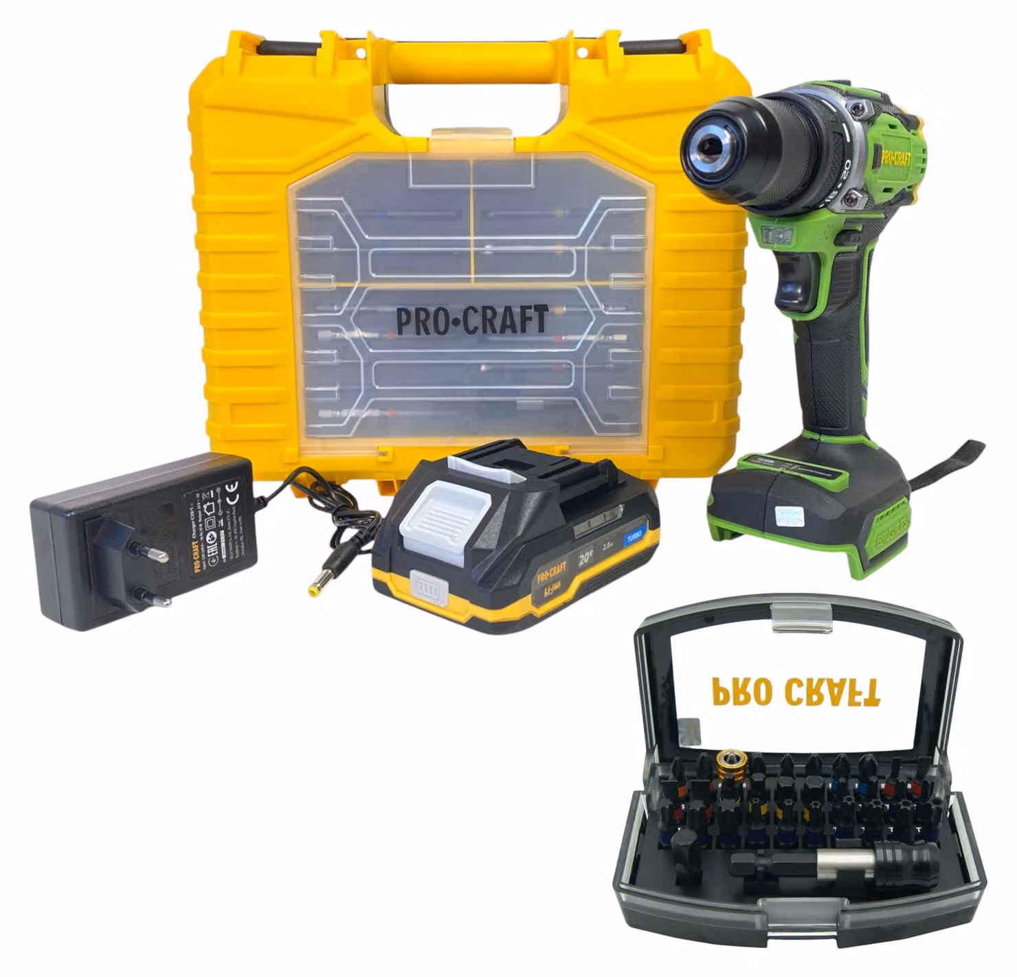Procraft PA18Pro2-1B-C Avvitatore a batteria 20 V 30 Nm Brushless + 1x batteria 2,0 Ah + caricabatteria + set di 13 punte + valigetta