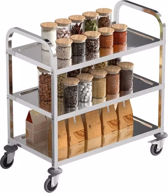 Carrello da cucina Zephmum con 3 ripiani aperti in acciaio inossidabile argento, L: 90.5 cm, P: 50.5 cm, H: 88.2 cm – 1