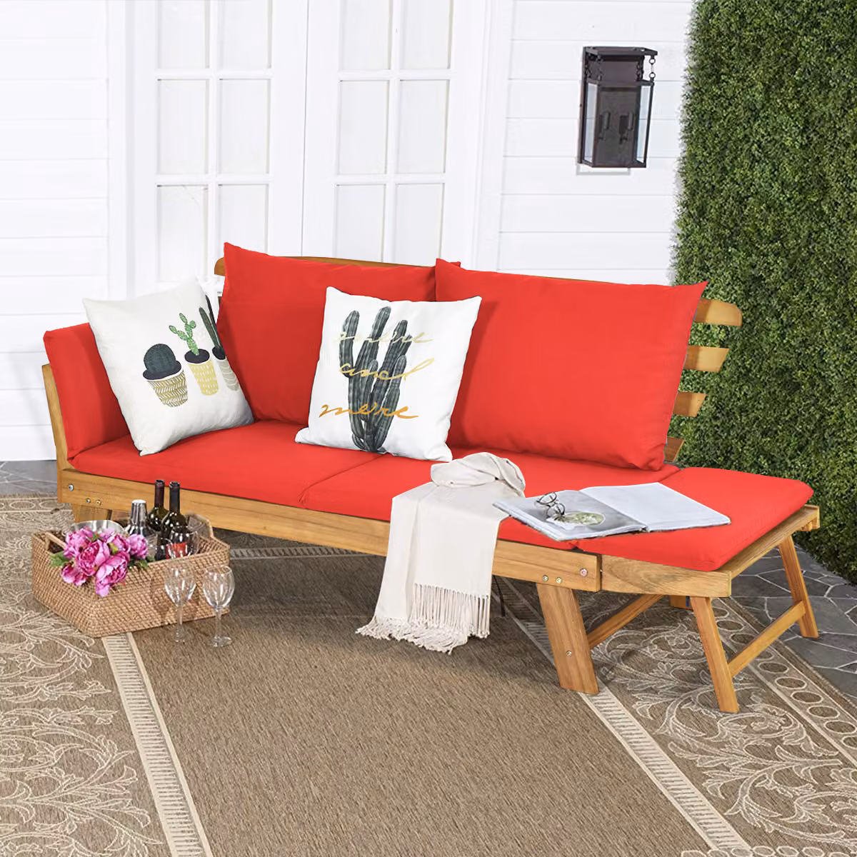Costway Divano Letto Convertibile in Legno di Acacia con Braccioli Regolabili e Cuscini, Chaise Longue da Esterno per Giardino, Colore Rosso – 3