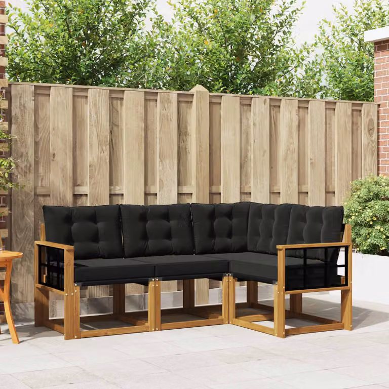 Set di divani da esterno a L vidaXL in legno di acacia e textilene, 4 pezzi, Beige, Nero e Marrone