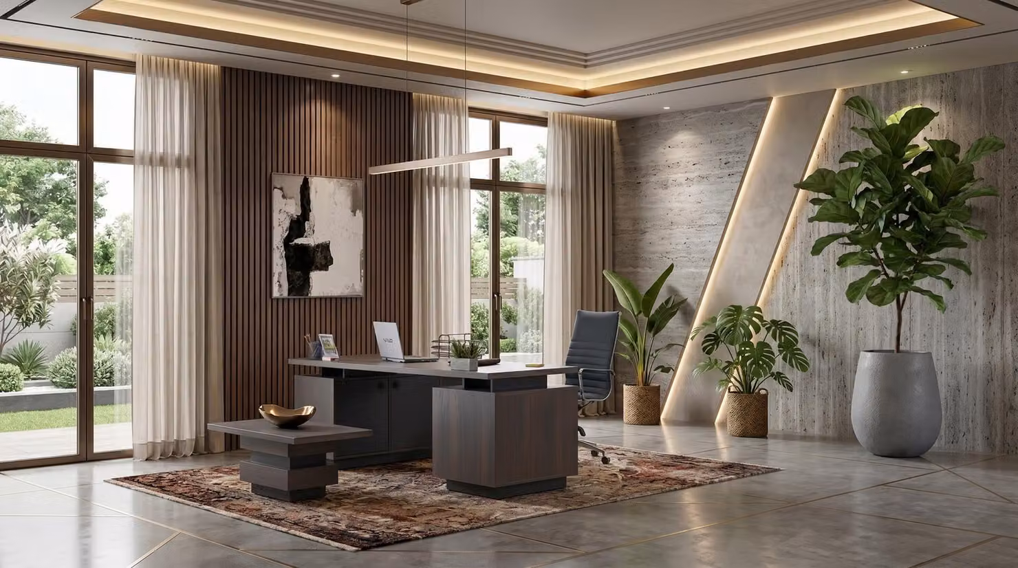 Set da ufficio marrone elegante: scrivania con cassetti e tavolino moderno