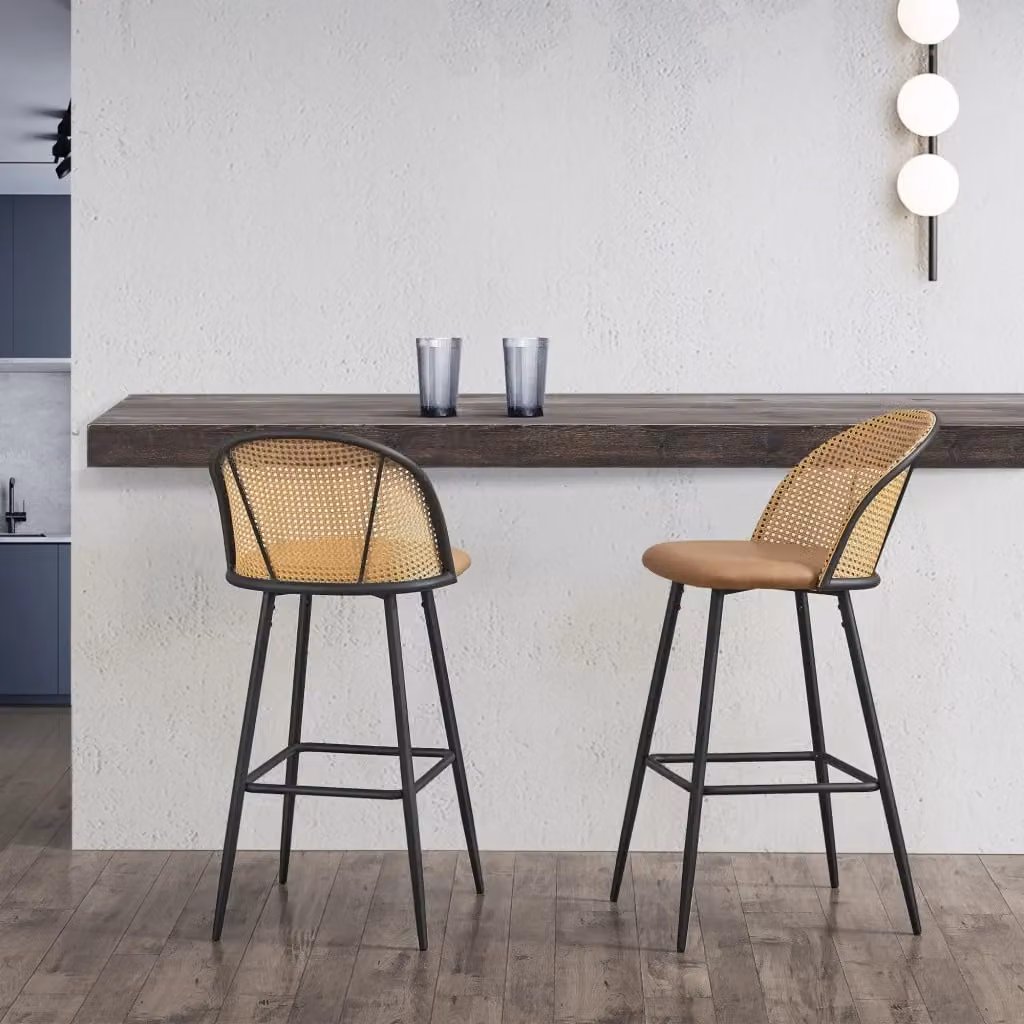 Set di 2 Sgabelli da Bar Gausdal en.casa in Similpelle e Rattan, Colore Marrone e Nero – 2