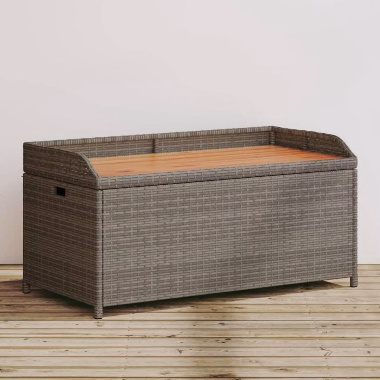 Panca da giardino con spazio contenitivo, dimensioni 100x50x52 cm, colore grigio, realizzata in rattan sintetico e legno di acacia