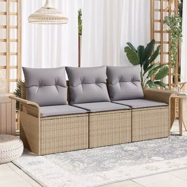 Set Divano da Giardino 3 Posti vidaXL in Rattan e Metallo Beige con Cuscini Inclusi