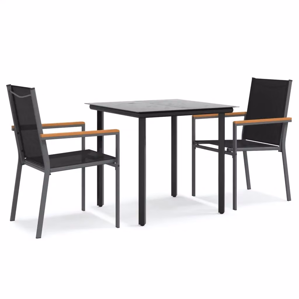 Set da Pranzo da Giardino Moderno vidaXL in Acciaio Verniciato Nero e Vetro con Tavolo Quadrato e 3 Sedie – 2