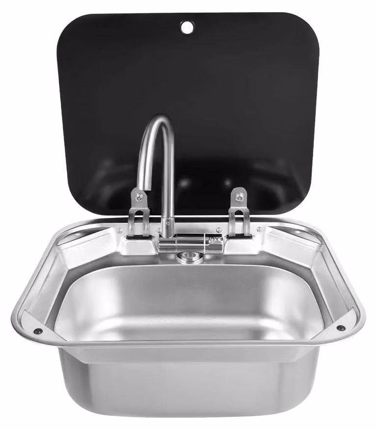 Lavello per camper/roulotte/barca - Lavabo in acciaio inossidabile - Coperchio in vetro temperato - Miscelatore a U caldo/freddo - Argento