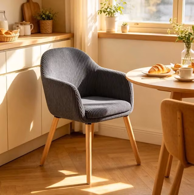 Sedia imbottita in velluto a coste grigio scuro con braccioli e gambe in legno