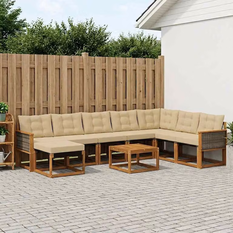 vidaXL Set di divani da esterno a L composto da 9 pezzi in legno di acacia con cuscini beige e marrone