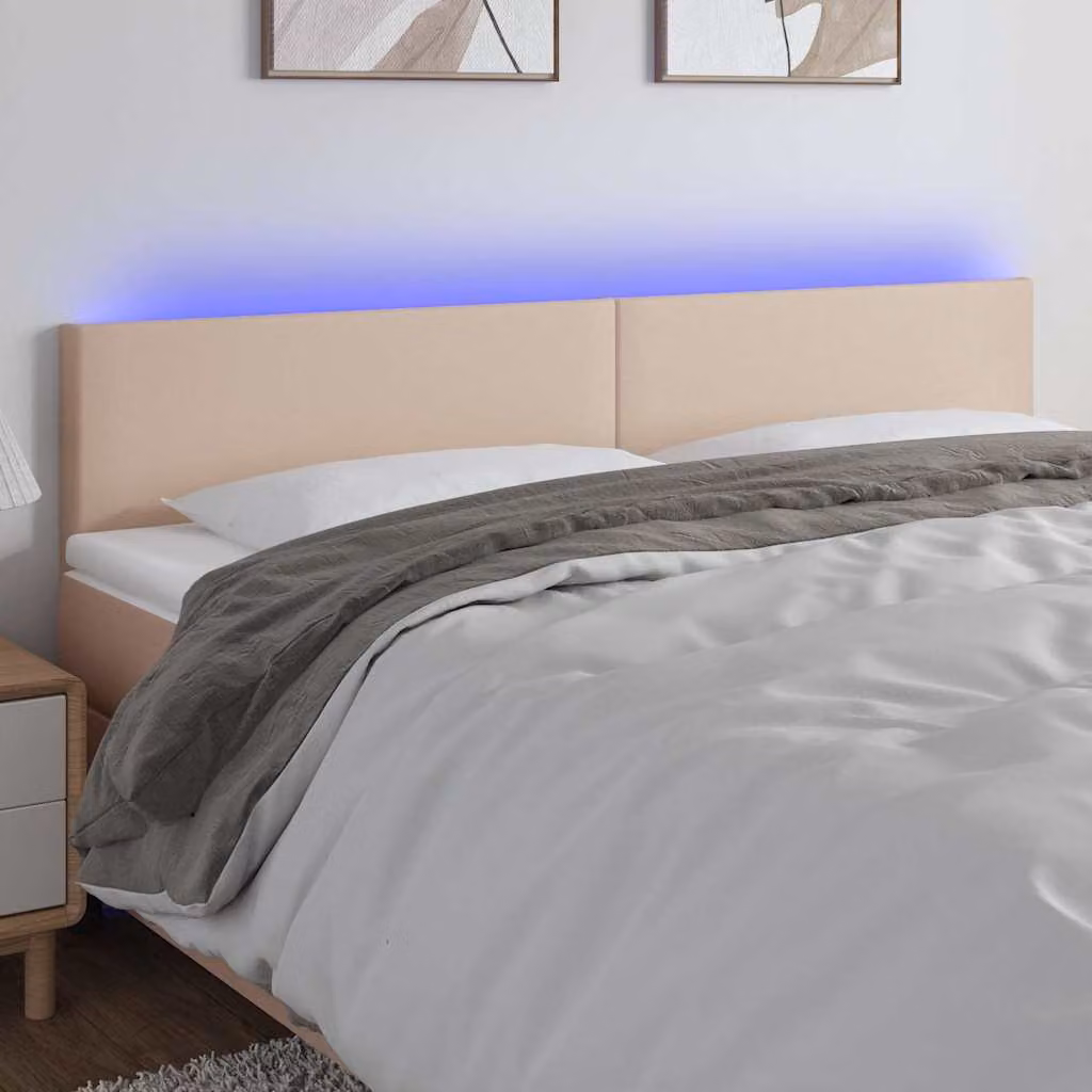 Testiera per letto vidaXL in similpelle color cappuccino con illuminazione LED e porta di ricarica USB, L: 160 cm, P: 5 cm, H: 78-88 cm