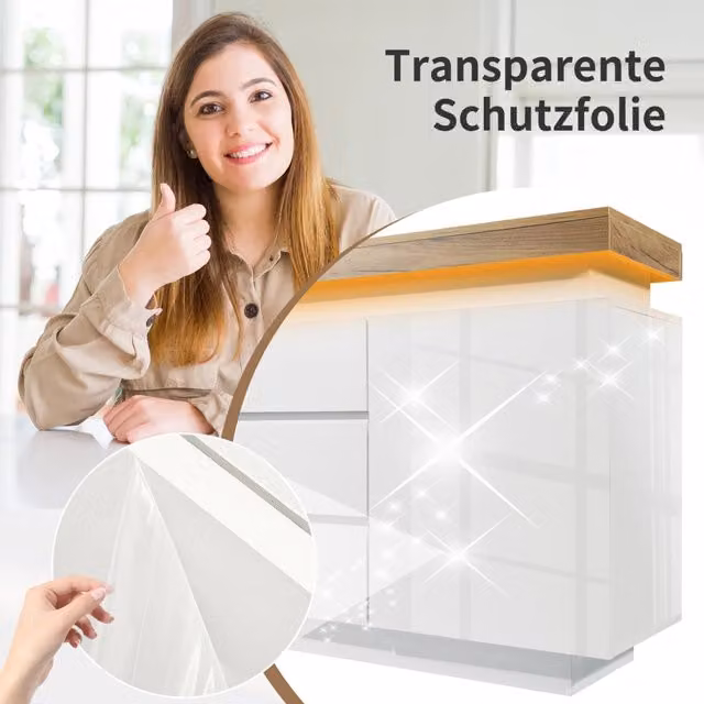 Madia moderna con 2 ante, 3 cassetti e illuminazione LED integrata, finitura lucida bianca, L: 140 cm, P: 39 cm, H: 81 cm – 1