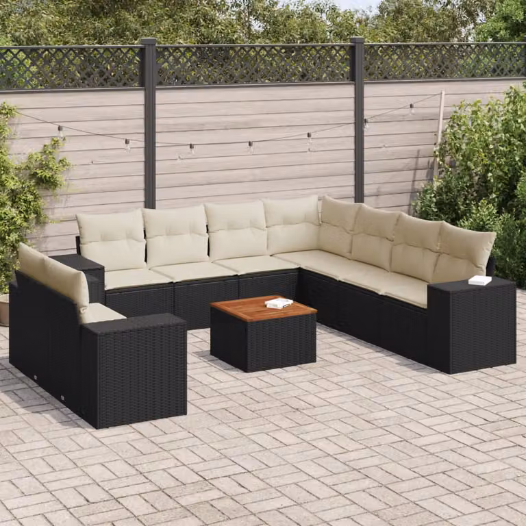 vidaXL Set Divani da Giardino a Forma di U in Polyrattan Nero con Cuscini e Tavolino da Esterno