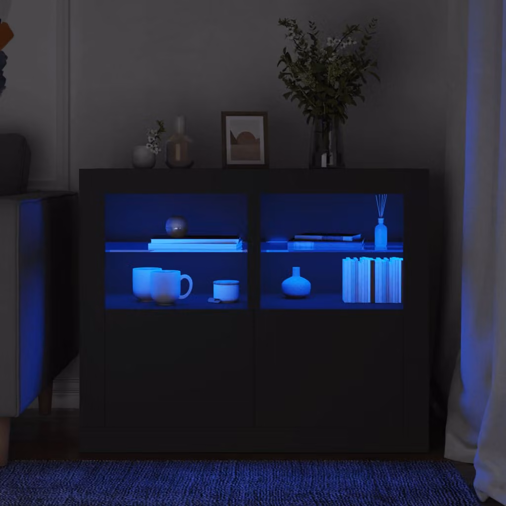 Set di 2 armadietti a parete vidaXL neri con ante in vetro e illuminazione LED integrata in legno e vetro L/P/H: 67 x 41 x 37 cm