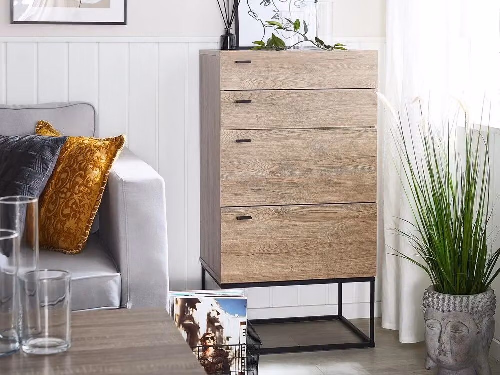 Cassettiera Beliani in stile industrial con ripiani in legno marrone e base in metallo nero – 2