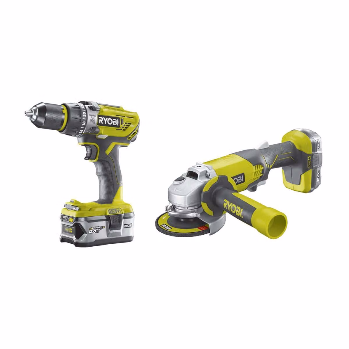 Set trapano/avvitatore a percussione RYOBI 18V - Smerigliatrice angolare OnePlus 18V - 1 batteria 18V 2,0 Ah - 1 batteria 18V 4,0 Ah - 1 R