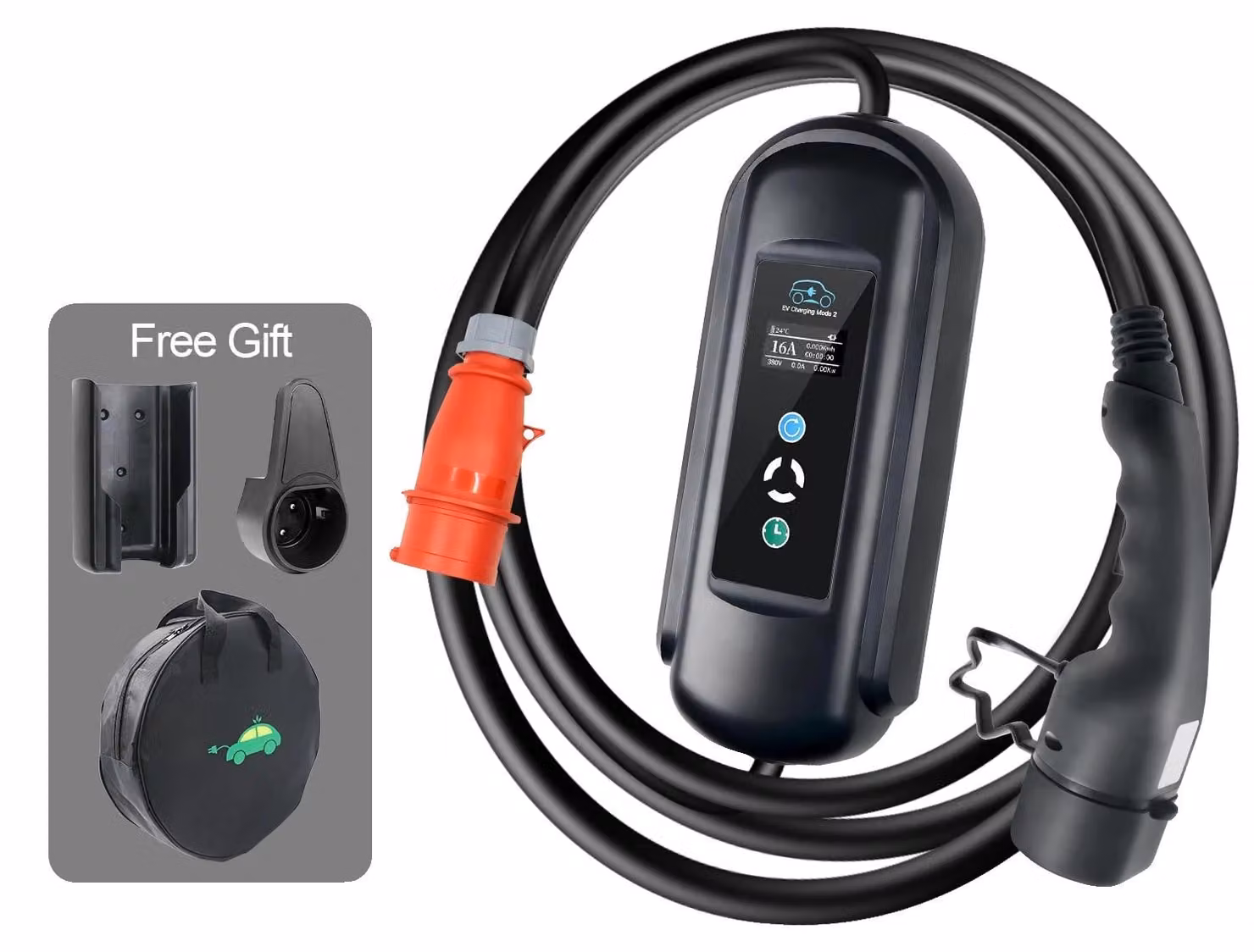 Caricabatterie portatile per veicoli elettrici, con una potenza di 11 kW, dotato di un timer di ricarica intelligente. Potenza: 11 kW, cavo di 5 metri. Non richiede l'utilizzo di un'app