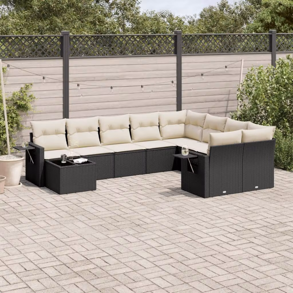Set di divani da giardino vidaXL in polyrattan nero con cuscini e tavolino da esterno a forma di L – 1